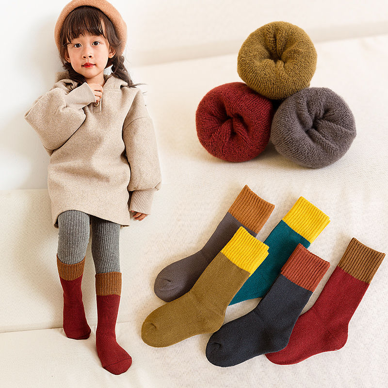 Children's socks boys' cotton socks autumn and winter thickened Plush warm medium tube big children's pile up baby girls' stockings
