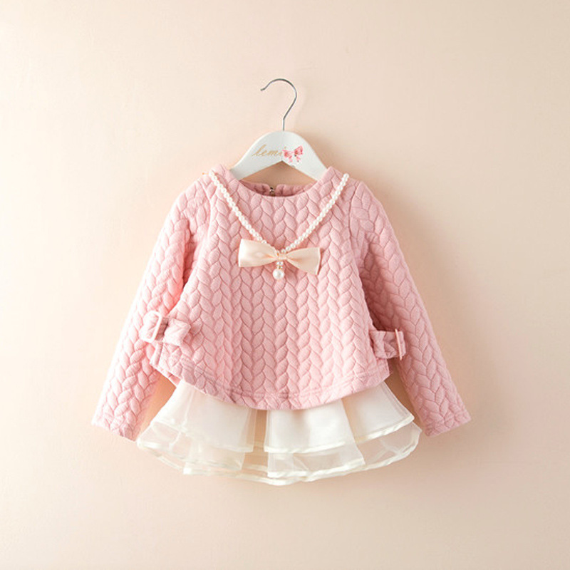 Girls' autumn and winter dress children's wheat ear long sleeve dress fake two necklaces skirt top
