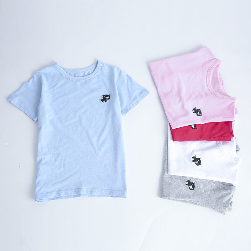 Summer children's cotton T-shirt short sleeve boys and girls round neck little pig embroidered children's bottom shirt lovely casual top