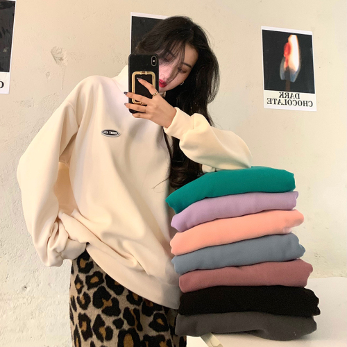 Real shot college style Plush thickened multicolor high collar sweater autumn winter loose Korean solid color top