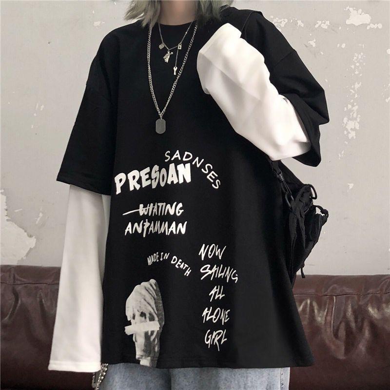 Autumn Korean version ins retro loose student Harajuku BF fake two piece splicing long sleeve T-shirt blouse