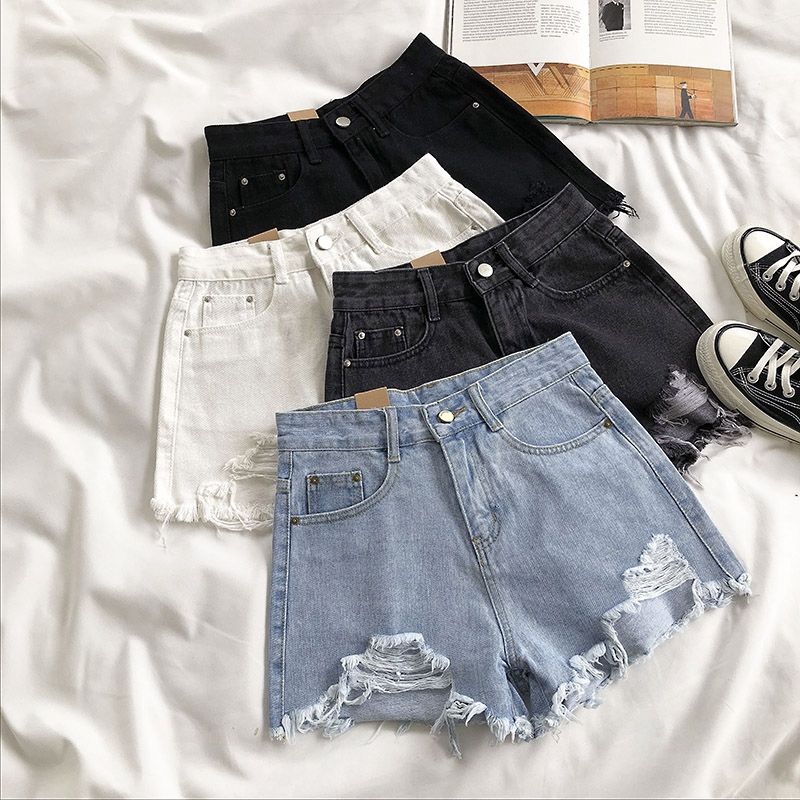 Light color denim shorts women's high waist 2020 summer new Korean version of loose holes and rough edges show thin ins hot pants trend