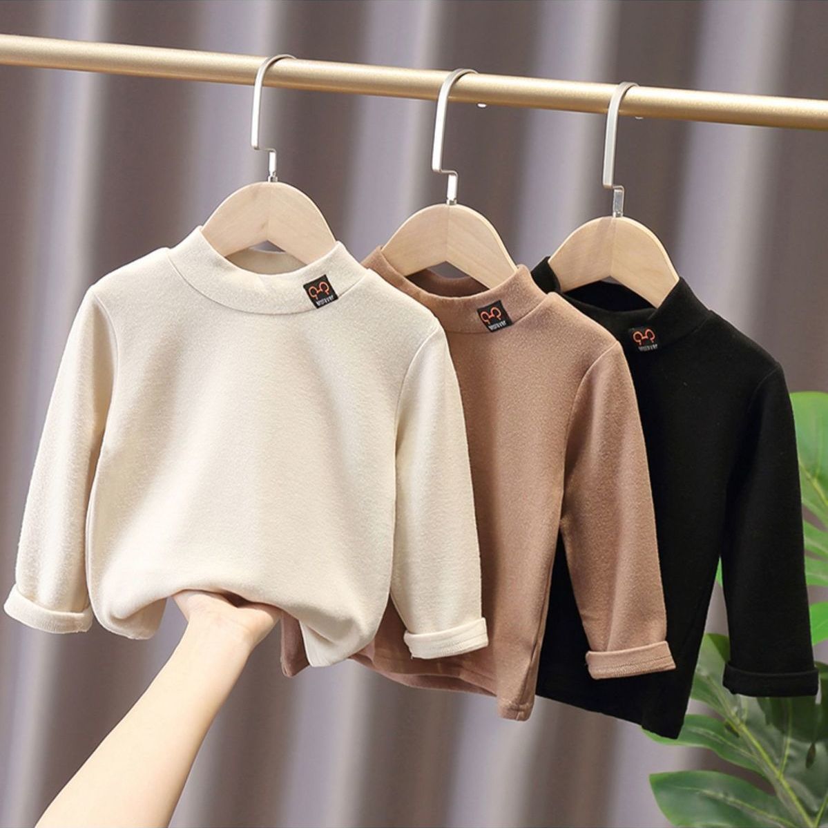 Double sided denim solid color bottoming shirt autumn / winter 2020 Korean children's long sleeve T-shirt for boys and girls warm half high collar