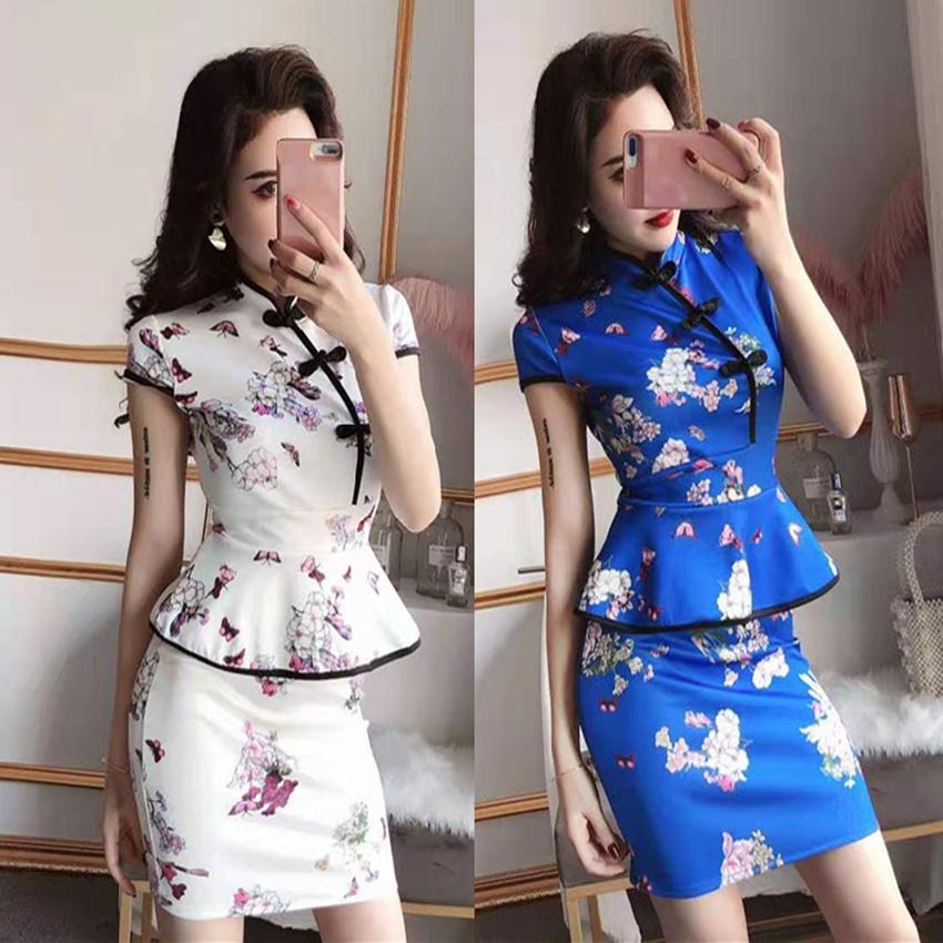 Vintage short sleeved cheongsam suit summer temperament stand collar waist closing sexy hip wrap short skirt fake two-piece dress
