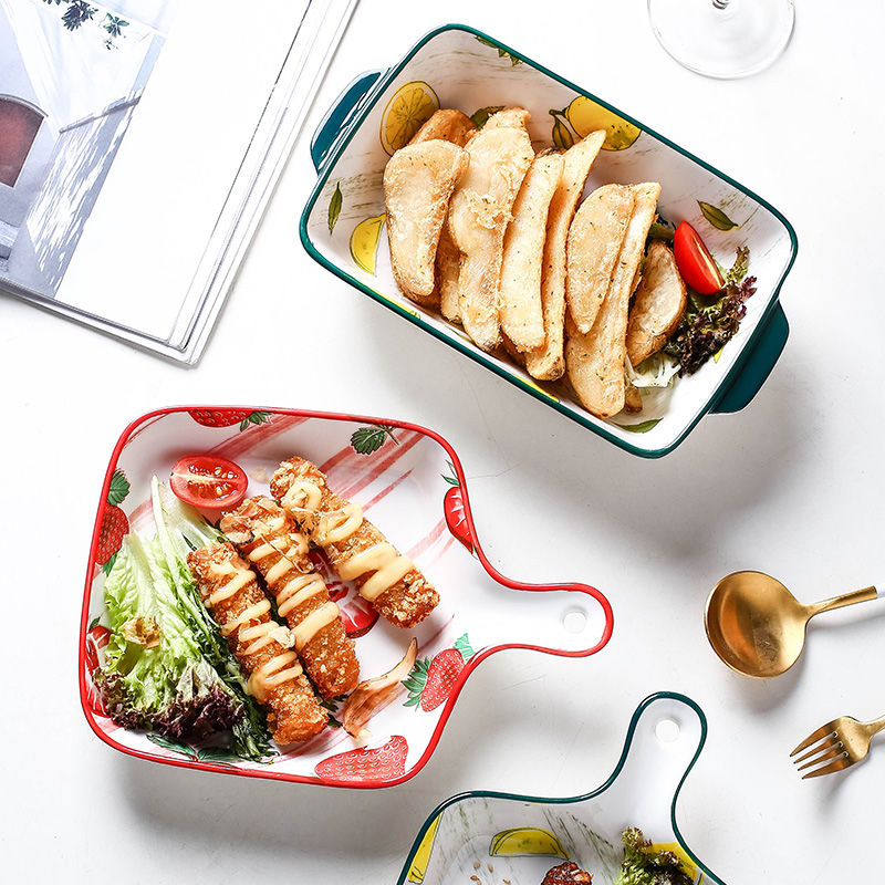 Double ear ceramic baking plate oven tableware creative net red breakfast plate household baking anti scalding Japanese Western food plate