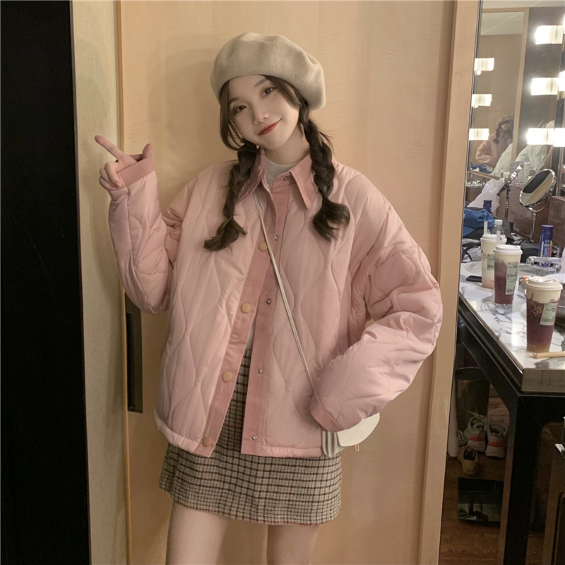 Real shot real price Korean loose stitching Lapel back embroidered letter clip thin cotton padded jacket