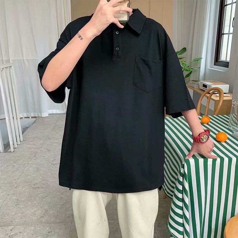 Hong Kong style summer small fresh solid color pocket short sleeve polo shirt for men student loose Lapel half sleeve T-shirt for men