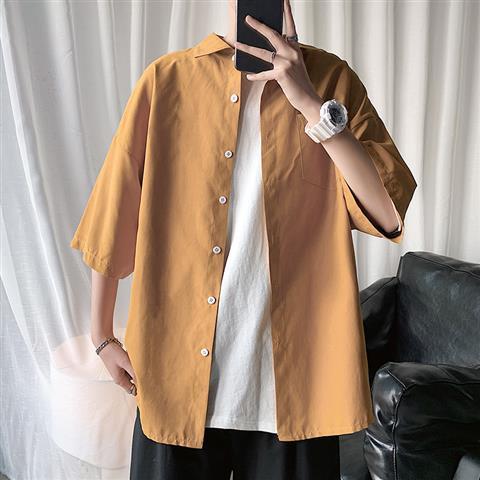 Blue shirt men's short sleeve Korean fashion fat big size loose casual handsome five sleeve shirt men's summer wear
