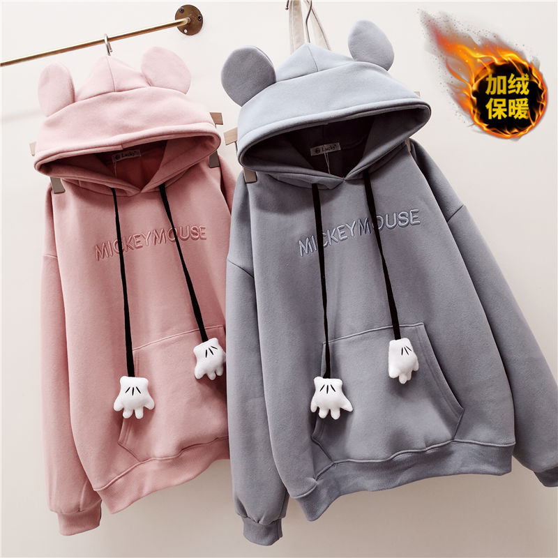 Girls Korean style bear velvet thickened sweatshirt 2020 winter new style hooded warm jacket for middle and large children