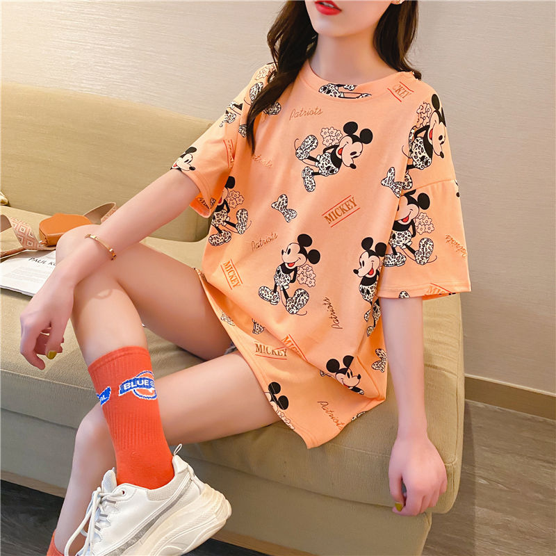 Super large 240 kg medium long short sleeve T-shirt for women's summer, Korean version, loose cover and age reducing cartoon printed T-shirt fashion