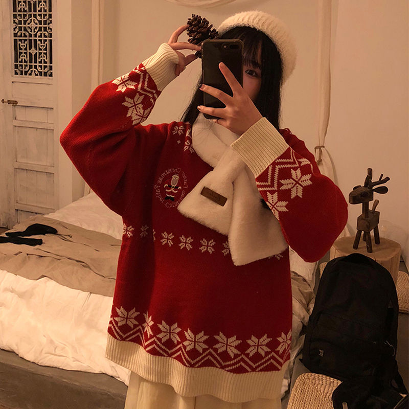 Autumn and winter women's clothing Korean version loose and lazy wind Santa Claus snowflake net red Pullover Sweater knitwear top