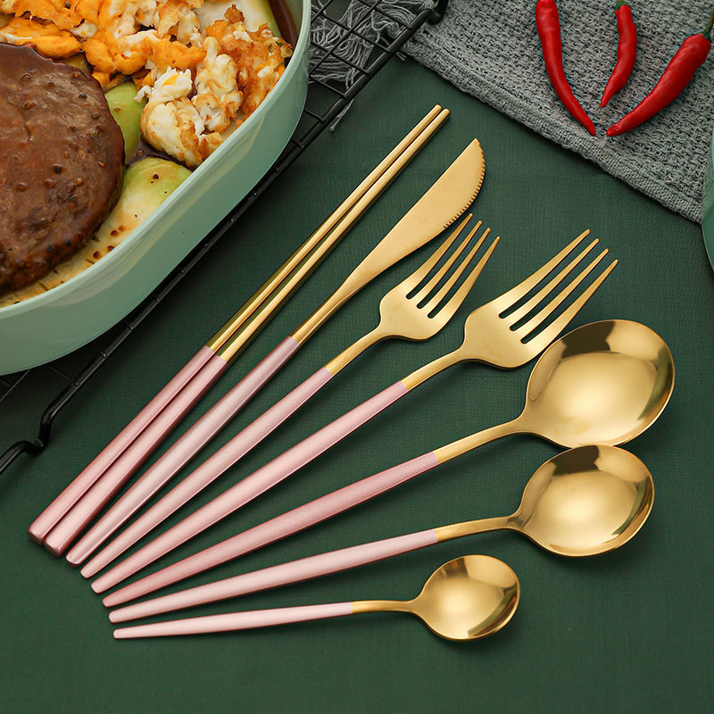 Stainless steel Portuguese tableware ins three piece net red student household chopsticks spoon Western steak knife fork spoon
