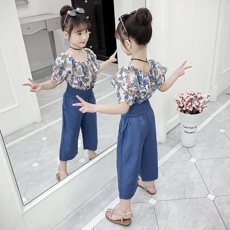 Girls' suit summer new style little girl super foreign style fashionable two piece set girls' casual Capris thin