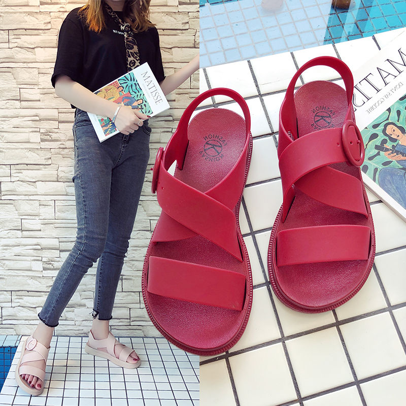 Summer new Korean version simple open toe flat bottom casual sandals women's summer one word buckle versatile student women's shoes