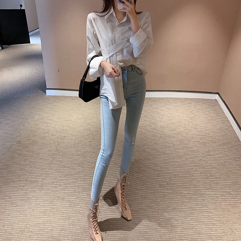 Real price! Hong Kong style chic high waisted Slim Skinny elastic denim pants and small leg pants