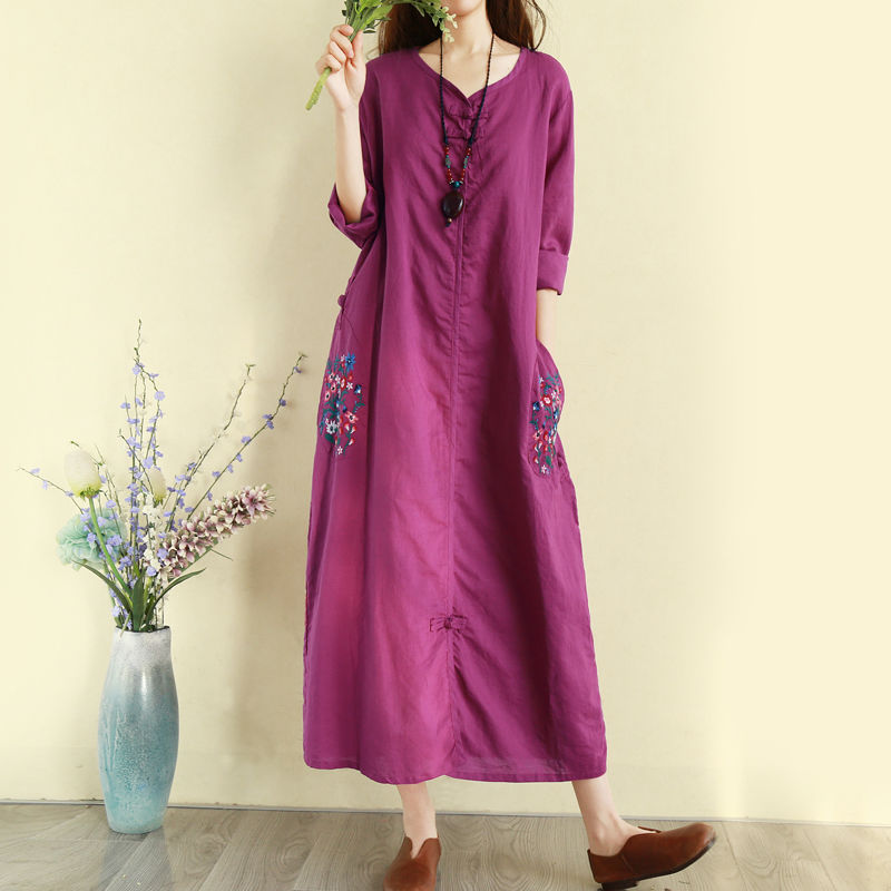 Retro national style cotton linen embroidered dress autumn long style over knee coil buckle temperament long skirt loose Chinese style