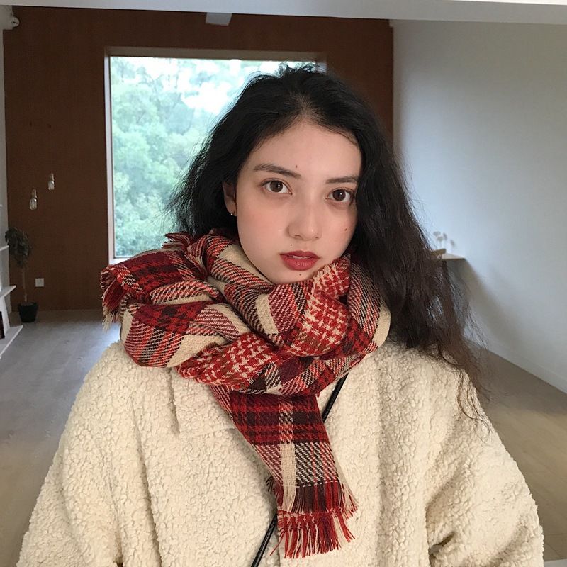 Versatile scarf women winter imitation cashmere double face color matching knitted Plaid Scarf neck shawl thickened warm students