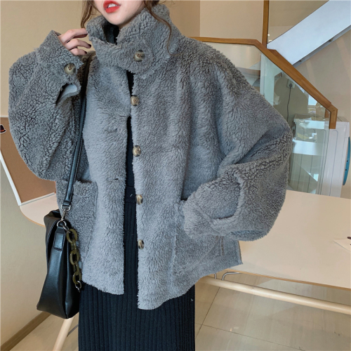 Korean version of loose and slim stand collar warm fur coat soft waxy camel hair coat