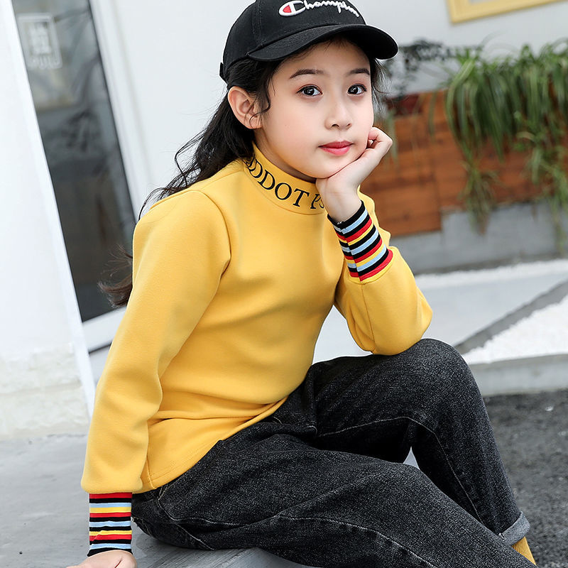 Cotton children's wear long sleeve T-shirt high collar bottoming shirt 2020 winter Plush loose printed crew neck sweater