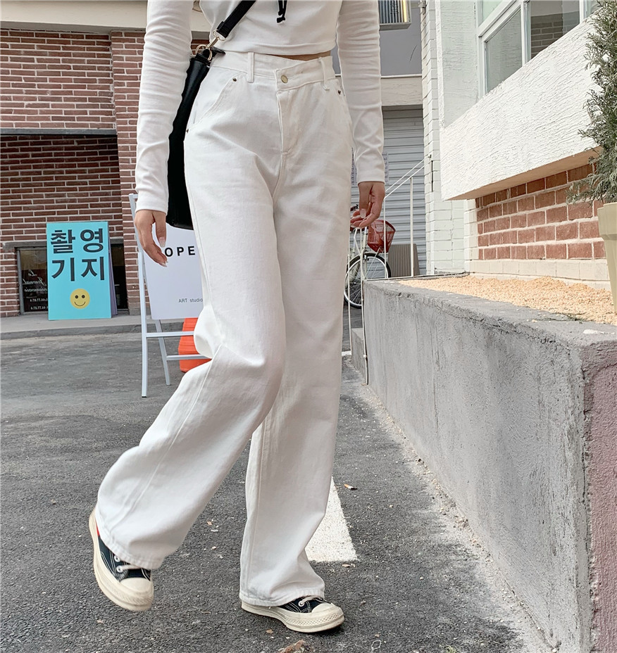 Real price white pants women's straight tube loose wide leg pants new high waist pants show thin and versatile jeans trend