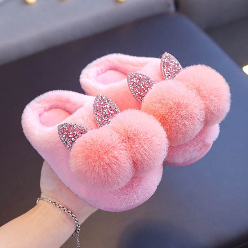Children's cotton slippers girl's bag heel cute antiskid warm wool shoes