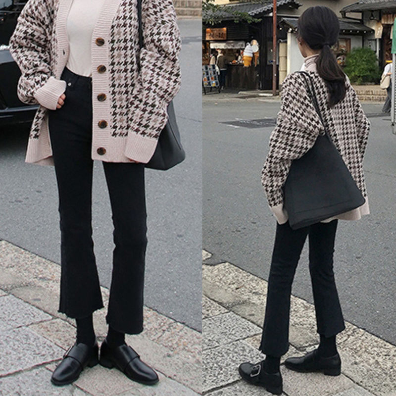 Plush jeans female autumn winter Korean students show thin chic High Waist Wide Leg black nine minute micro flared pants large size
