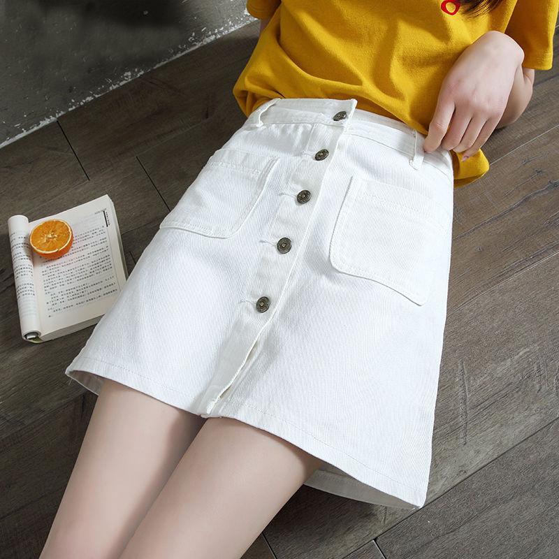 Versatile white denim skirt women new skirt skirt half skirt girl student casual skirt high waist A-line skirt