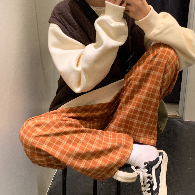 Plaid pants for female students Korean loose 2020 summer new high waist thin wide leg SLIM STRAIGHT casual pants