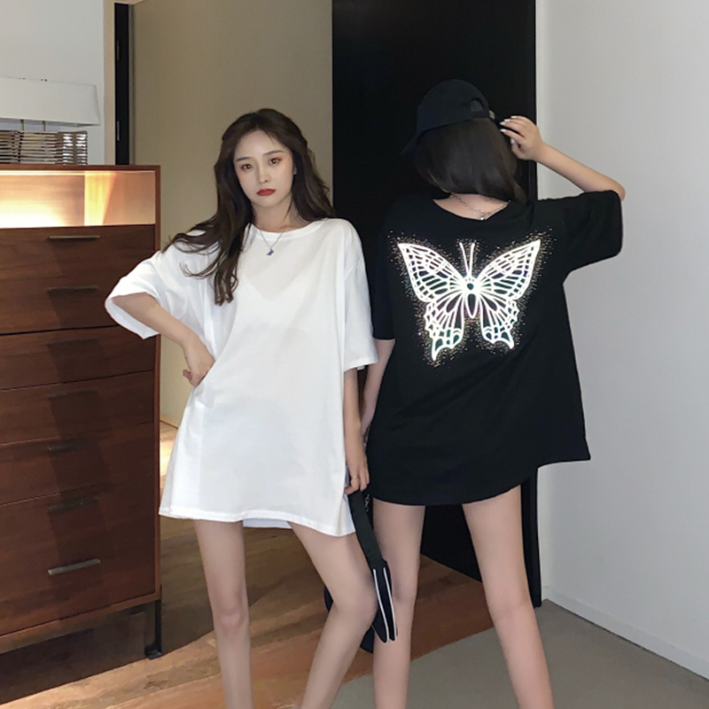 (original with diamonds) Hong Kong Style Short Sleeve T-Shirt women's summer clothes ins fashion Korean version loose butterfly half sleeve girl lovers' clothes