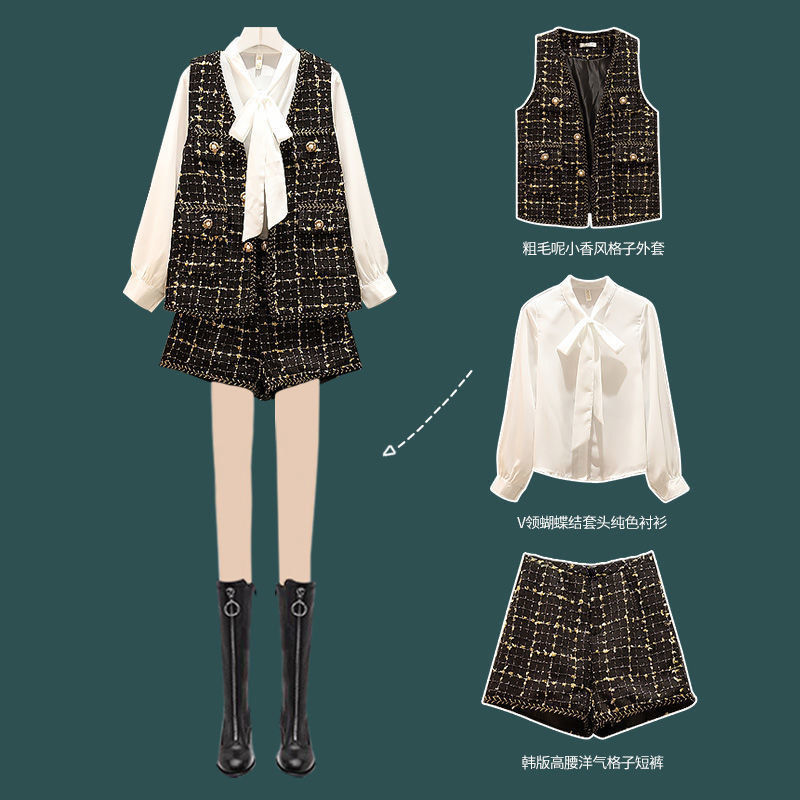 Fat sister big size women's wear fall / winter 2020 new style belly covering Shirt Small fragrance vest shorts three piece suit