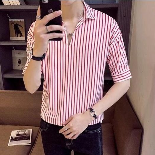 Shirt men's short sleeve summer Korean fashion stripe 7 / 7 sleeve top 5 / 5 sleeve ruffian shirt casual middle sleeve