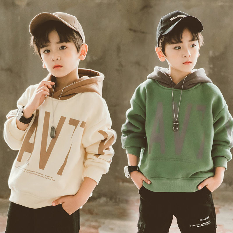 Boys' and girls' sweater Plush 2020 winter middle and large children's foreign style Hoodie