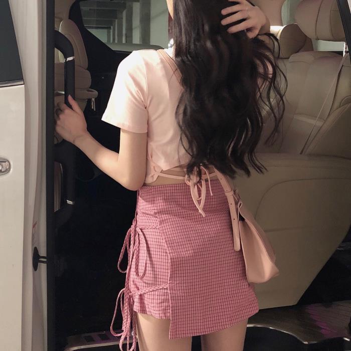 2020 new fashion suit sleeve printed T-shirt + Lace plaid skirt ins summer Korean women's two piece set