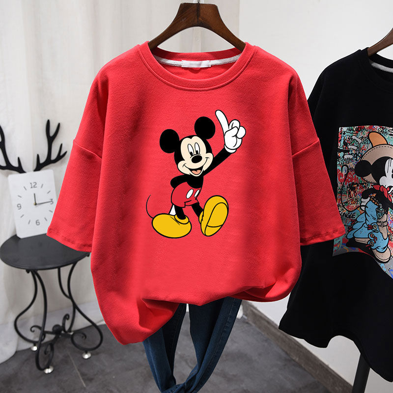 Korean Short Sleeve T-Shirt women's thickened and loose bottom coat cartoon Mickey cotton student half sleeve autumn and winter
