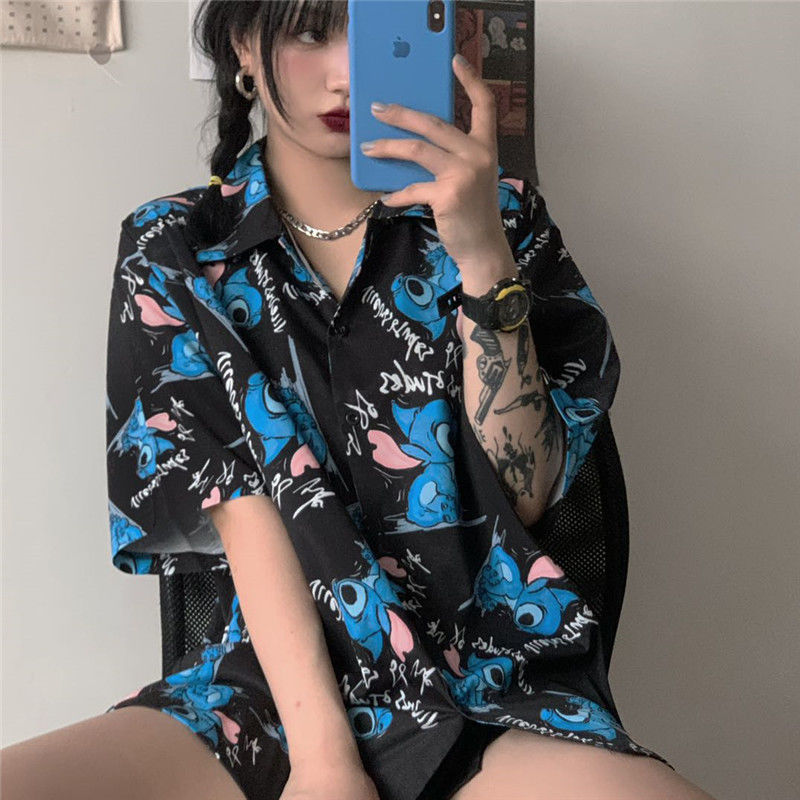 Summer Korean version dark black loose versatile shirt Street hip hop polo collar cartoon short sleeve shirt girl student trend
