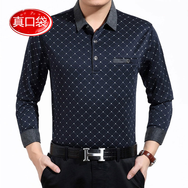 Real pocket spring and autumn men's middle aged men's long sleeve T-shirt polo shirt father's t-shirt men's T-shirt