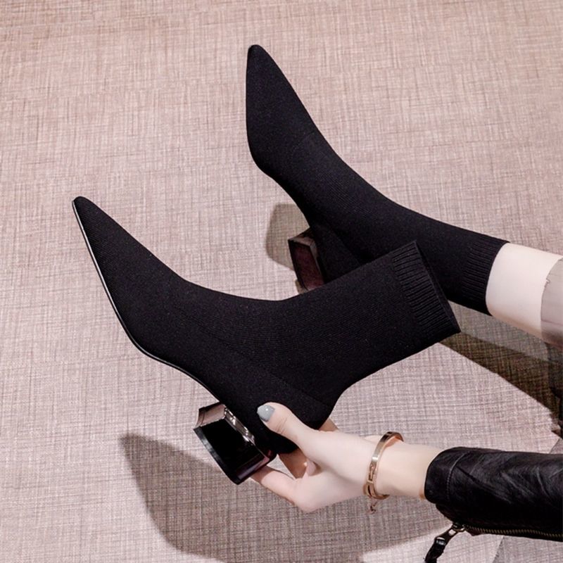 Thin boots women's high heel pointed middle heel short boots spring autumn single boots autumn winter 2020 knitted socks boots thick heel socks boots