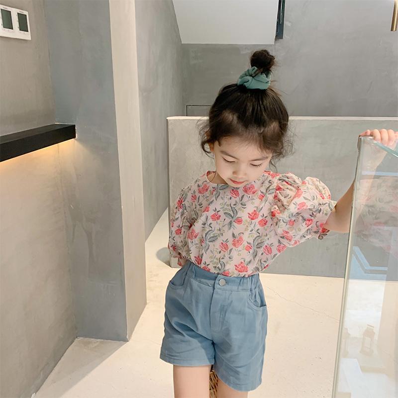 Magic bean baby children's bubble sleeve sweet flower top summer new style girl baby retro style short sleeve shirt