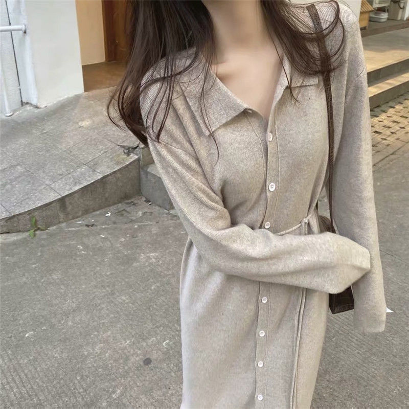 Autumn 2020 new gentle wind lace up knitted dress with long woolen skirt over the knee