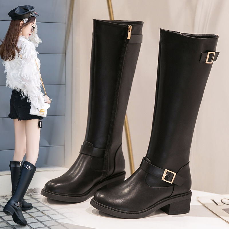 Chivalry boots women's boots autumn winter 2020 new leather boots thick heel army boots Horse Boots high heel boots not over knee boots