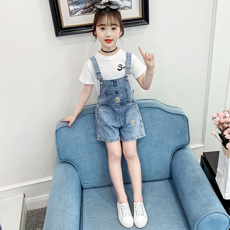 Girls' denim backpack Shorts Set summer dress 2020 new Zhongda children's fashion net red summer girls' two piece set
