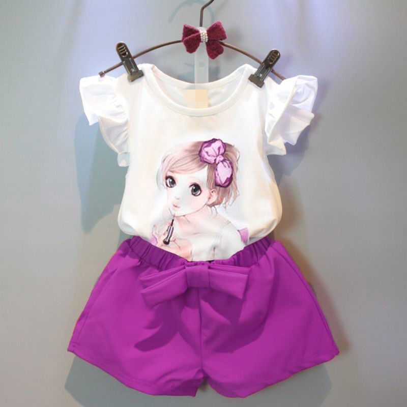 Children's wear girls foreign style summer suit girls casual cartoon printed T-shirt fashionable two piece summer clothes
