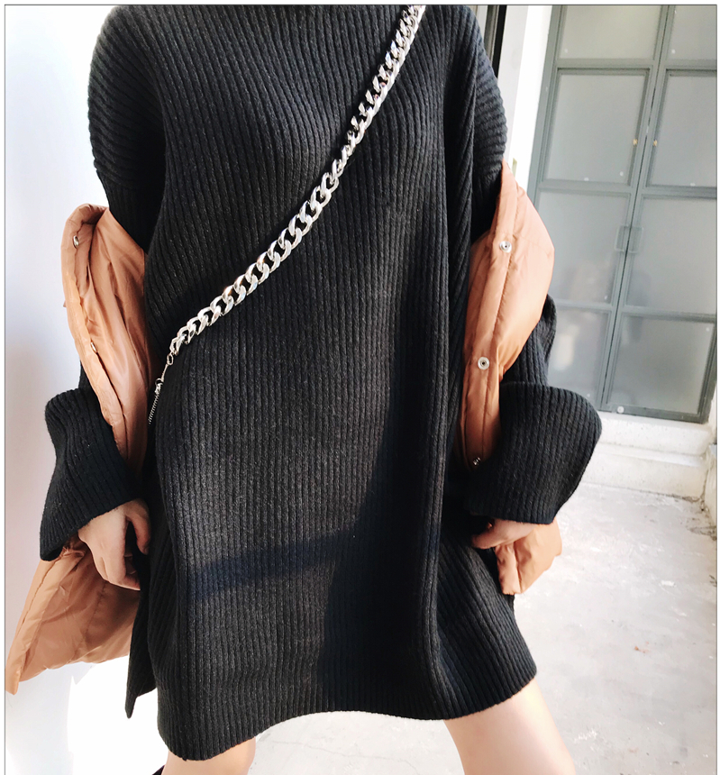 Real price super beautiful autumn and winter high neck silhouette loose medium length split sweater lazy knitwear