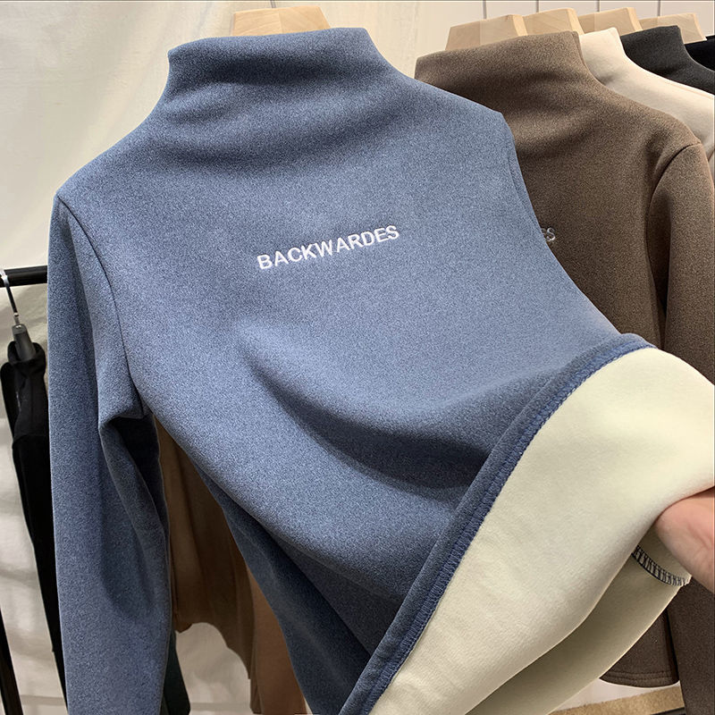 Long sleeve double-sided ground fleece with autumn and winter half high collar Plush thickened bottoming shirt women's foreign style T-Shirt Top