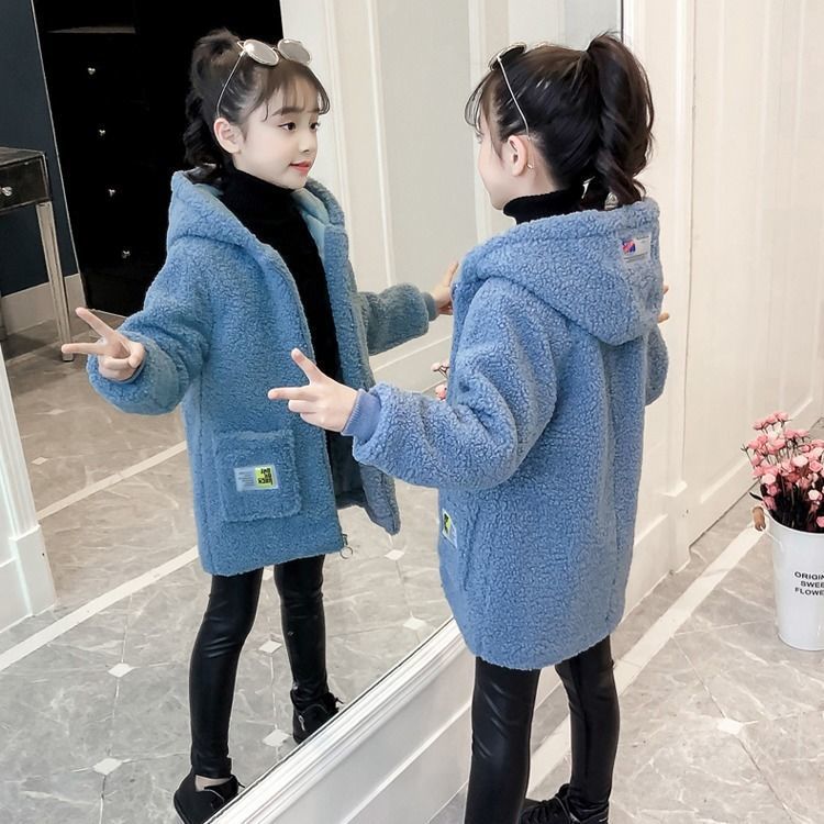 Boys and girls' spring autumn winter coat thin medium length 2020 new Korean lamb fluffy coat middle and large children's jacket