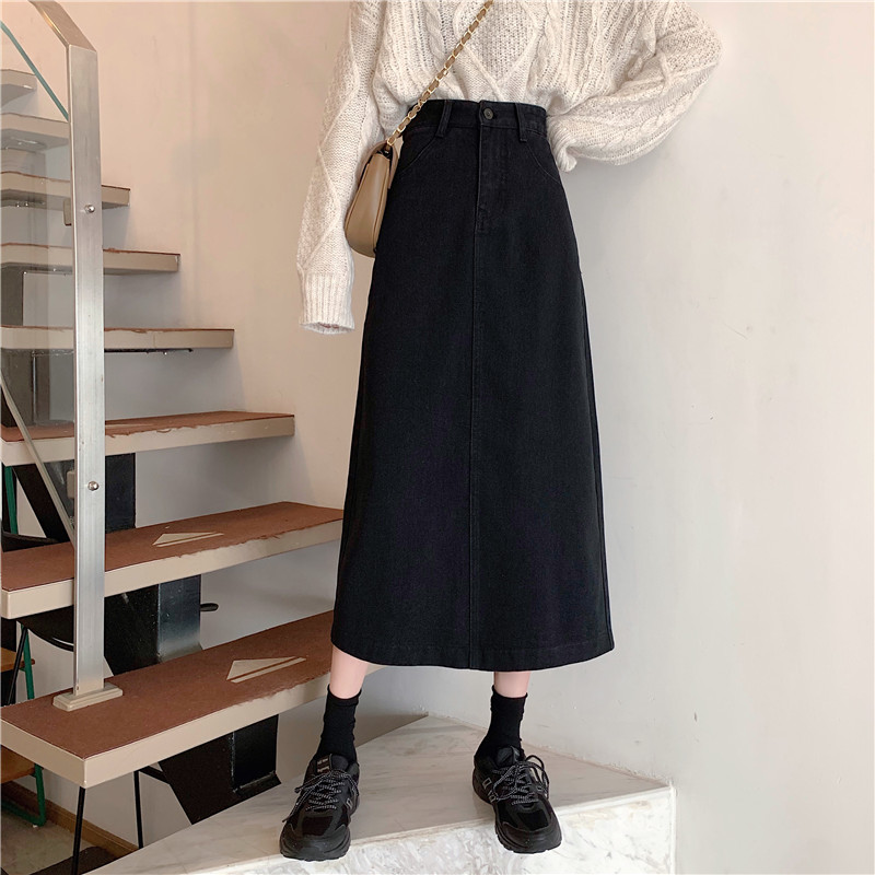 Real shot denim skirt autumn and winter women's new long skirt high waist show thin A-line skirt black skirt 3
