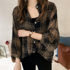 Summer Lapel Plaid print shows thin temperament women's cardigan simple top loose long sleeve breathable thin shirt coat