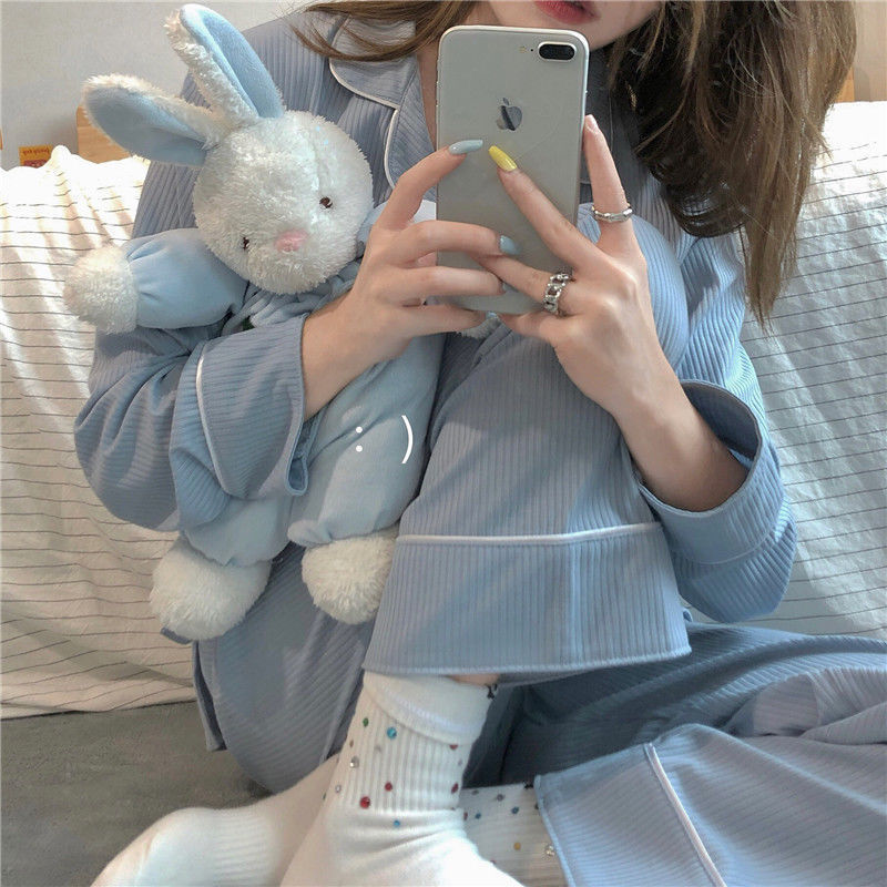 2020 autumn and winter new ins Lapel long sleeve trousers pajamas women's simple leisure home clothes two-piece suit