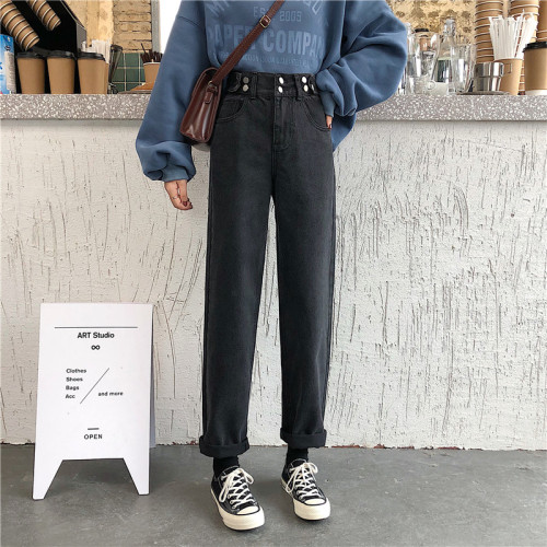 Real shot black jeans high waist pants women show thin, versatile autumn and winter new loose student straight Pants Capris