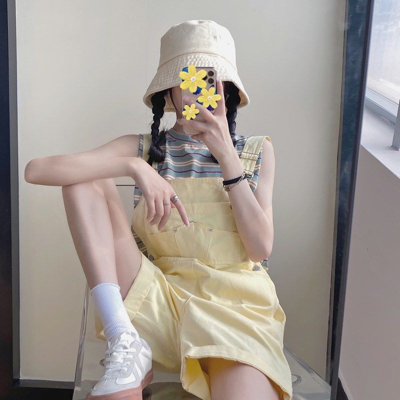 2020 summer Korean casual high waistband shorts yellow loose cute small wide leg Jumpsuit women fashion